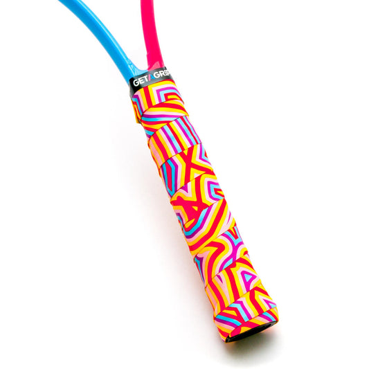 The Get A Grip Love All Badminton Racket Overgrip showcases a vibrant, multicolored geometric pattern in shades of pink, yellow, blue, and orange. Its non-slip grip design ensures excellent moisture absorption while featuring the text "GET A GRIP" near the top.