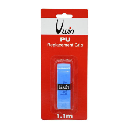 The Uwin PU Replacement Badminton Grip - Blue is displayed in red and white packaging, making it an ideal choice for those seeking a durable option for their badminton racket. The package features a blue racket replacement grip with a length of 1.1 meters.