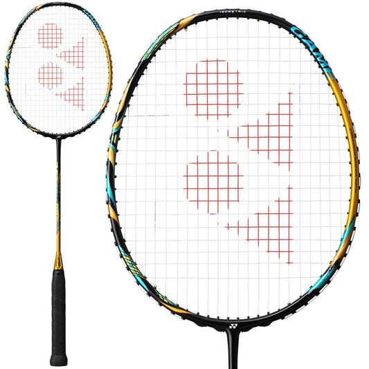 The Yonex Astrox 88D Game badminton racket, available in a striking gold color, features an isometric head shape with a black handle and frame accented by vibrant colors. The string bed showcases a unique red triangular pattern. The image provides both a full view and a close-up of this innovative design.