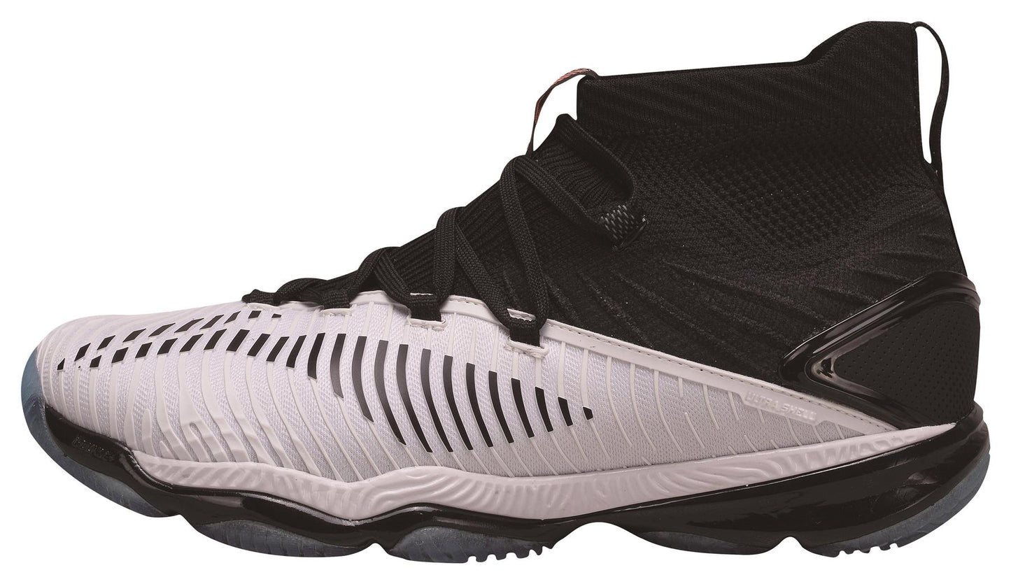 This fashionable black and white high-top athletic shoe, named the Li-Ning Ranger 3.0 High Men's Badminton Shoes, features an intricate design with textured materials. With its unique lacing system, prominent black heel, and crystal outsole, it's ideal for an energetic game of badminton.