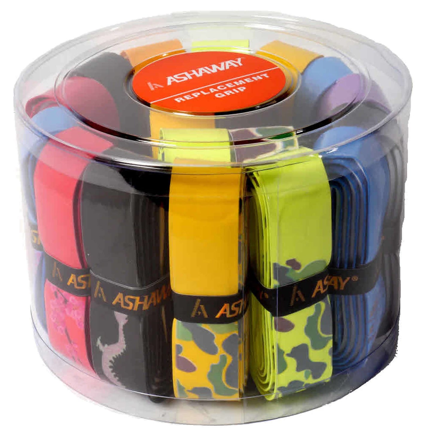 A transparent circular container contains a selection of Ashaway Replacement Badminton Grips - Multi Patterned, available in a pack of 20. These grips offer an extra tacky surface and come in a mix of vibrant patterns and solid colors, each prominently featuring the "ASHAWAY" brand label. The top label is marked as "Replacement Grip.