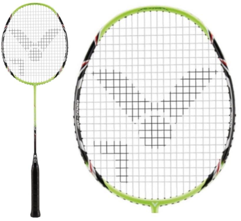 The image showcases the Victor G-7000 Badminton Racket in black and green, featuring a sleek handle and modern design. It is strung with Ashaway Rally 21 Fire strings and displayed from two angles for a comprehensive view: full length and close-up of the head.