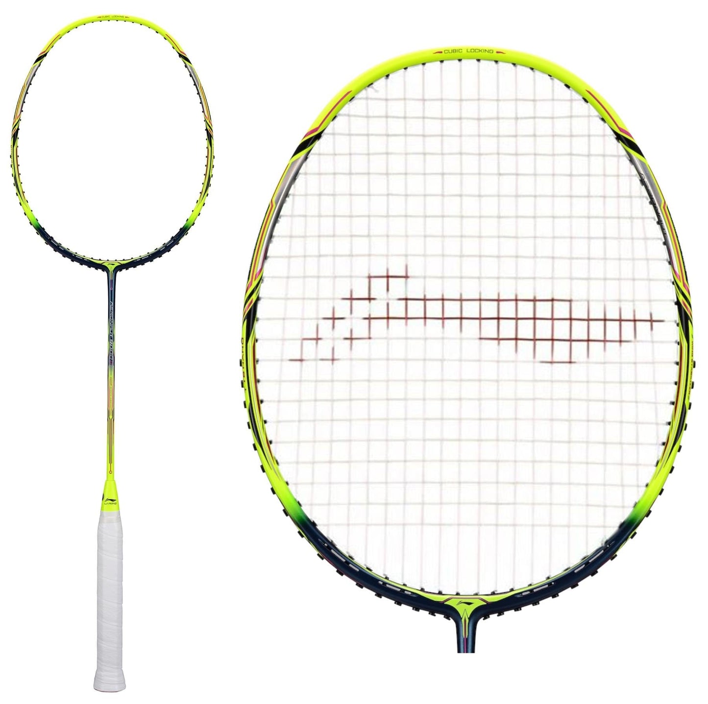 The Li-Ning Aeronaut 9000 Drive Badminton Racket, made by Li-Ning, comes in a striking yellow and black design. It features a white grip and red string pattern for precision and control. The racket's aerodynamic frame is shown in two views: one full-length and another close-up of the head.