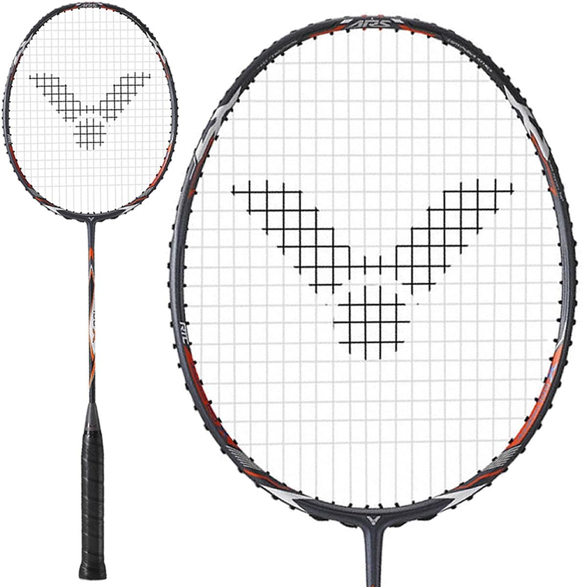 The Victor Auraspeed 100X H badminton racket from Victor showcases a black grip and features a large oval head with strings adorned by a stylized "V" logo. The frame is decorated with grey and orange accents, while its performance is enhanced by Sonic-Rebound Technology for quick responsiveness. A smaller image complements the larger display view.