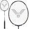 The Victor Auraspeed 100X H badminton racket from Victor showcases a black grip and features a large oval head with strings adorned by a stylized "V" logo. The frame is decorated with grey and orange accents, while its performance is enhanced by Sonic-Rebound Technology for quick responsiveness. A smaller image complements the larger display view.