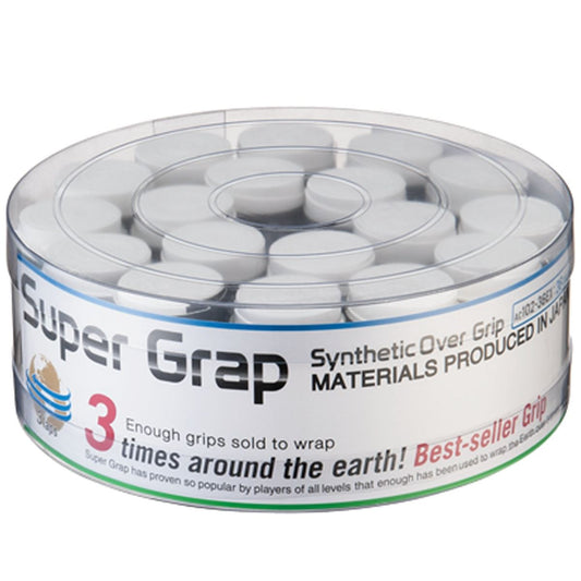 A round plastic container labeled "Super Grap" contains 36 white Yonex AC102-36EX overgrips for badminton rackets. The packaging boasts that these best-sellers provide excellent sweat absorption, with enough grips to wrap three times around the earth.