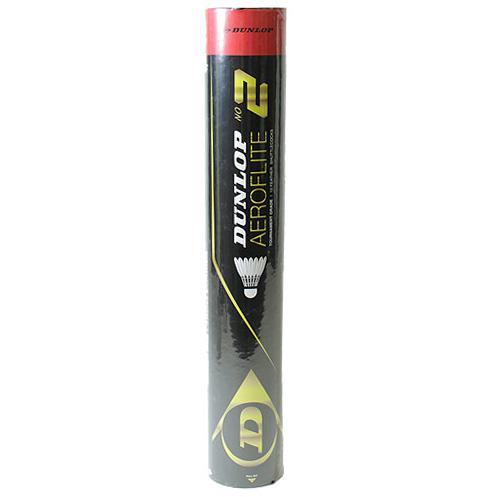 A black cylindrical tube accented with yellow and red, labeled "Dunlop Aeroflite No.2 Badminton Feather Shuttles," is designed for badminton play and holds a set of 12 shuttlecocks, featuring a shuttlecock graphic beside the iconic Dunlop logo.