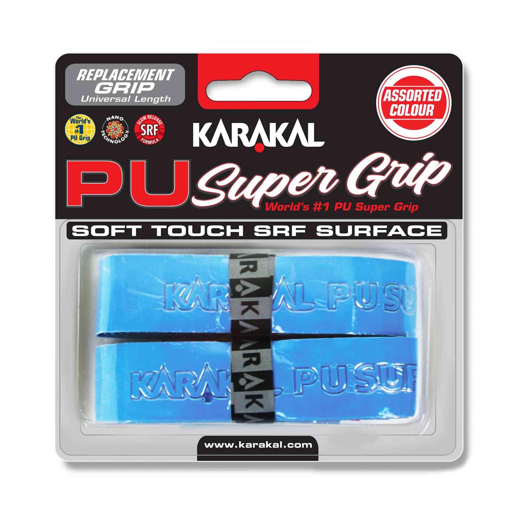 Package of the Karakal PU Badminton Grip - Twin Pack in light blue, designed for racket sports enthusiasts. The grip features the "Karakal PU Super Grip" embossed and is labeled as having a soft touch with an SRF surface, enhanced by nano particles. It includes replacement instructions and the website URL at the bottom.