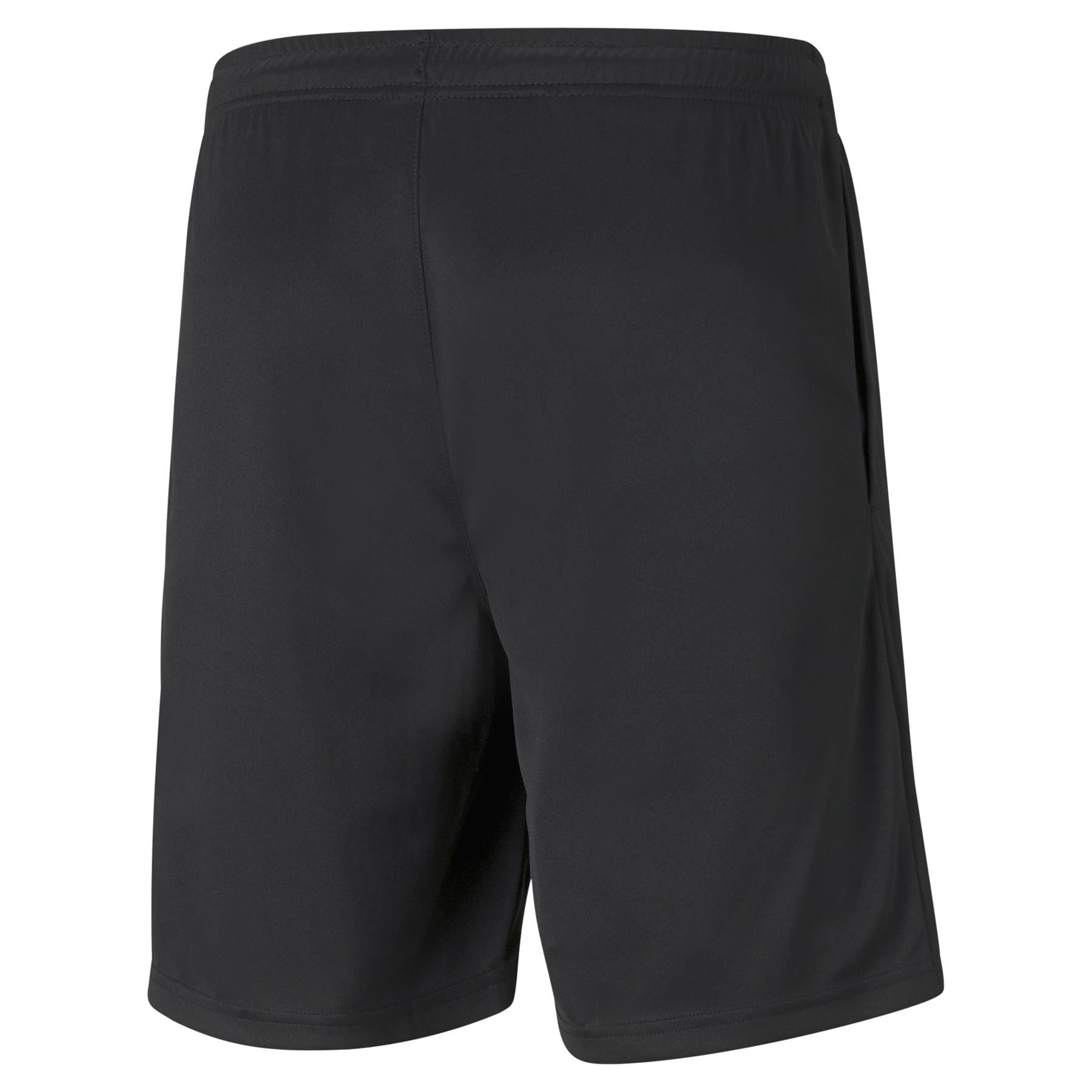 A look at the Puma Team RISE Men's Training Shorts - Black from the back reveals a pair of plain black shorts with an elastic waistband and a smooth, matte finish. Designed by Puma, these knee-length shorts feature a straightforward and practical design made from high-performance materials for maximum comfort.