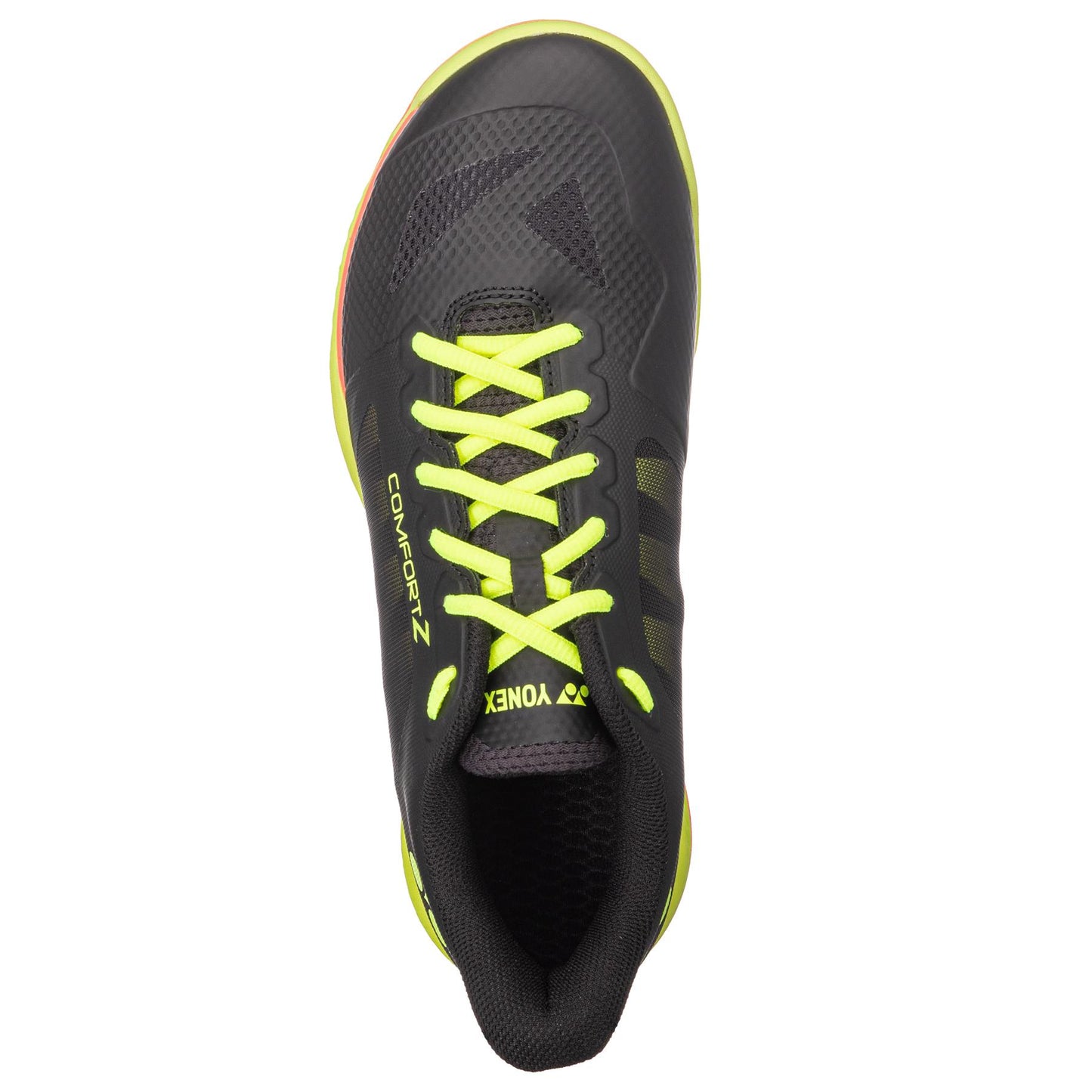 Top view of the Yonex Power Cushion Comfort Z3 Men's Badminton Shoes in black, showcasing bright yellow laces and green accents. The shoe features Yonex's Power Cushion technology and a textured design with the brand logo near the laces. Its sole exhibits a subtle gradient from orange to black, adding to its dynamic aesthetic.