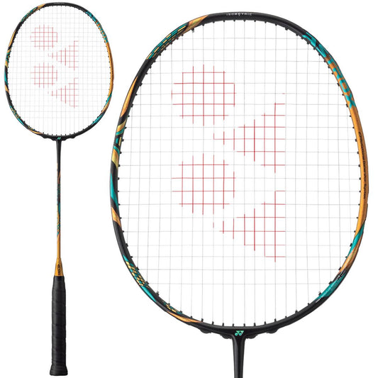 The Yonex Astrox 88D Pro Badminton Racket in Camel Gold is designed with a black and gold frame, incorporating red logo graphics on its white strings, making it ideal for rear court doubles specialists. It features a black grip on the handle and includes the Rotational Generator System for optimal performance.