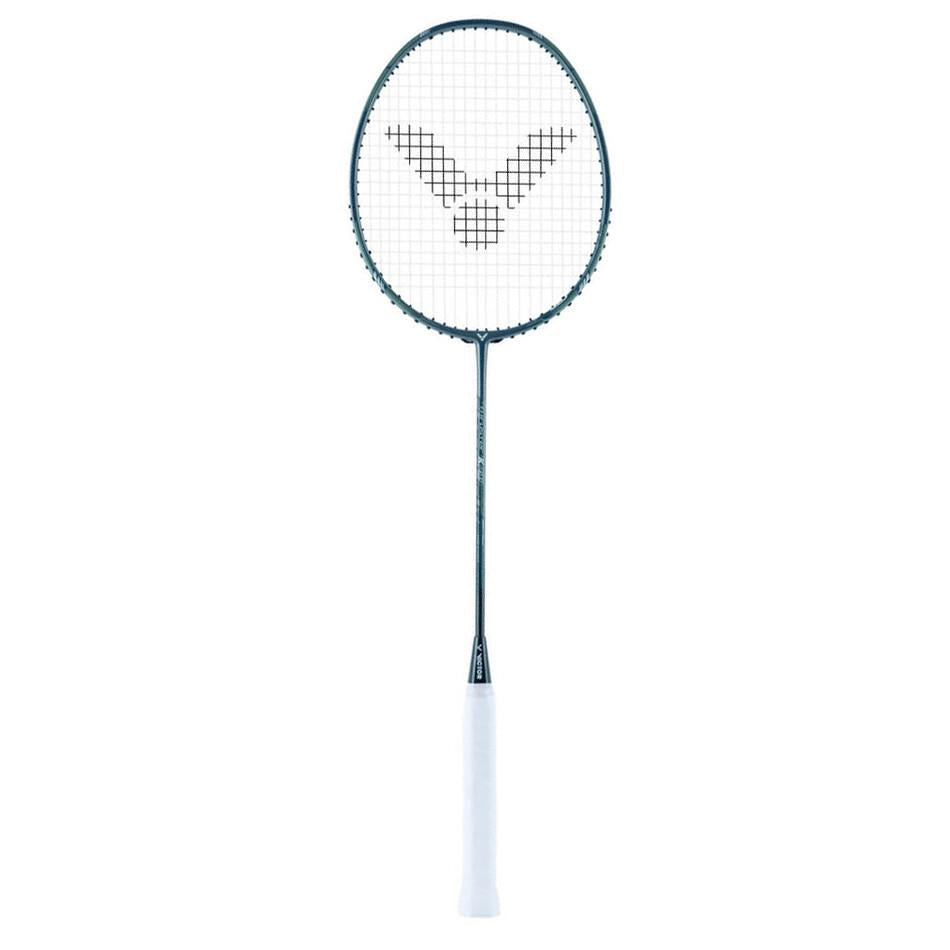 The Victor Thruster K66 Badminton Racket - Blue, by Victor, is a lightweight racket featuring a black frame and white handle grip. Its string area is adorned with a geometric "V" design complemented by advanced technologies, set against a plain white background that emphasizes its sleek elegance.