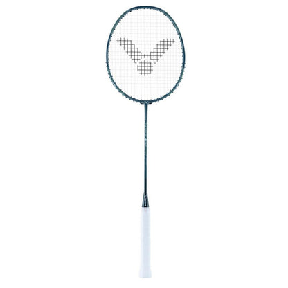 The Victor Thruster K66 Badminton Racket - Blue, by Victor, is a lightweight racket featuring a black frame and white handle grip. Its string area is adorned with a geometric "V" design complemented by advanced technologies, set against a plain white background that emphasizes its sleek elegance.