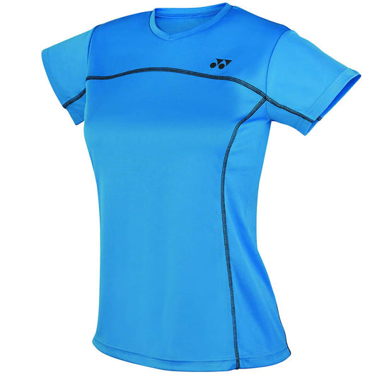 The Yonex YTL1 Blue Team Ladies/Women's Badminton T-Shirt boasts black stitching and a small logo on the chest, making it perfect for badminton enthusiasts. Its short-sleeved design is crafted from sweat-absorbent fabric with curved seam lines to provide a fitted silhouette, ideal for both casual wear and competitive play.