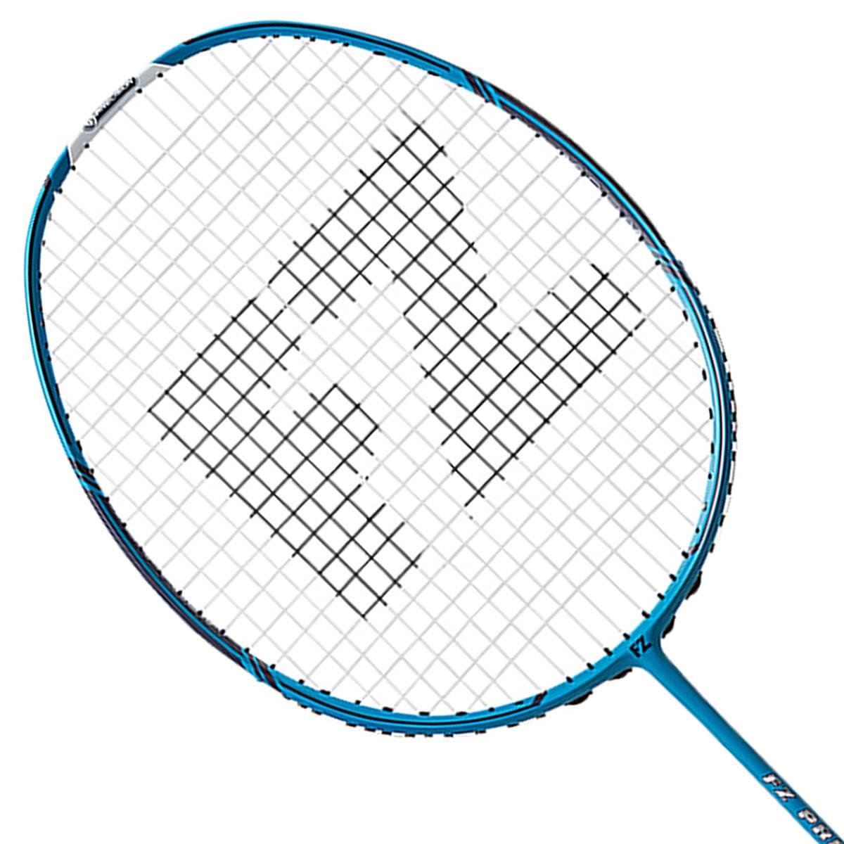 The FZ Forza Precision 4000 Badminton Racket - Blue, designed by FZ Forza, is highlighted with its striking blue frame and white strings displayed against a pristine white background, featuring an elegant black logo pattern on the strings.