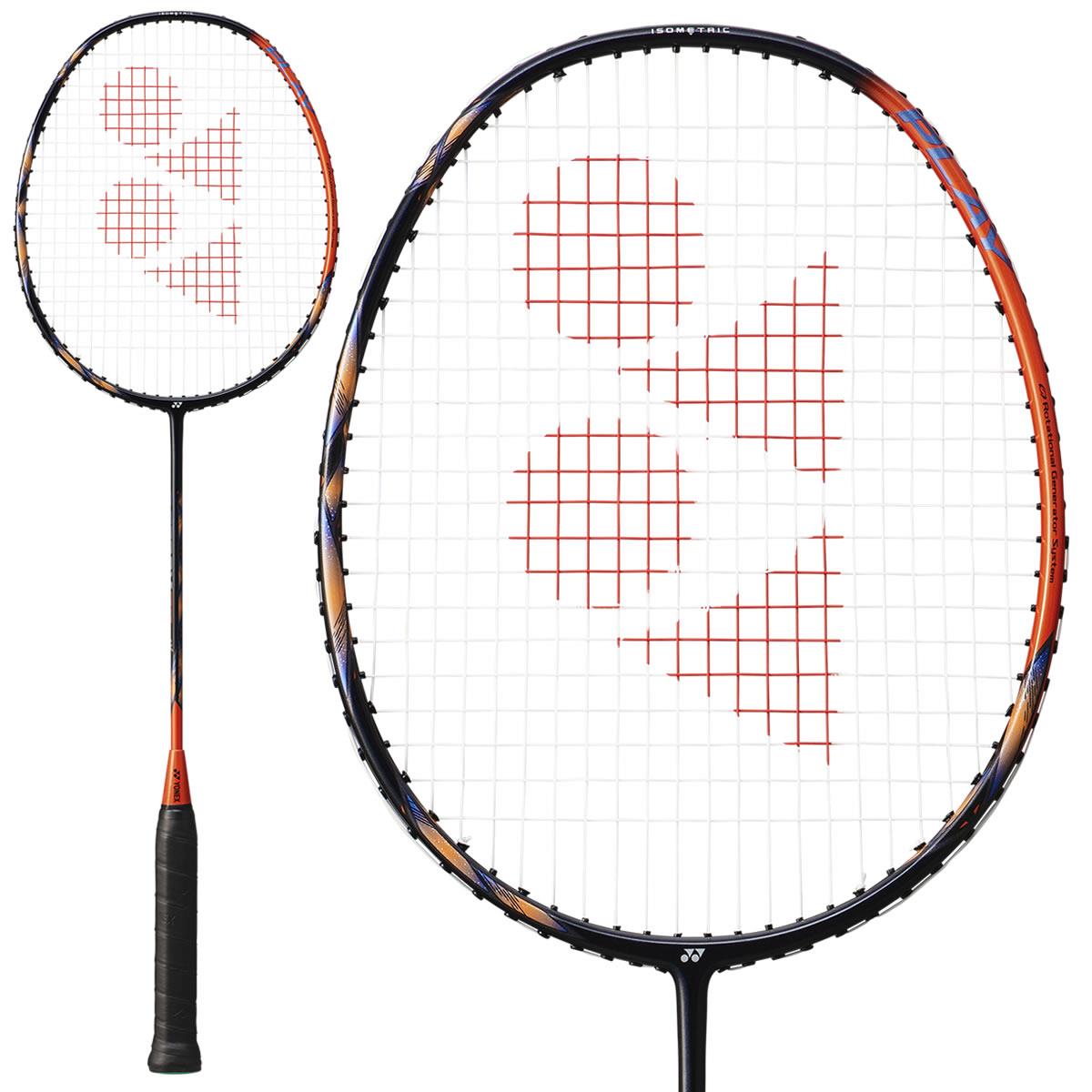 The Yonex Astrox 77 Play 4U Badminton Racket in High Orange is crafted with a graphite frame featuring an ISOMETRIC string pattern highlighted by red triangular designs. It has a black grip tape on the handle, and a close-up shows the detailed craftsmanship of the strings.