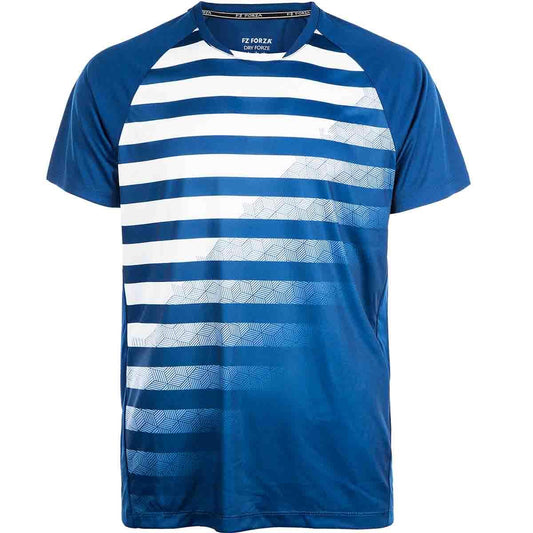 The FZ Forza Mouritz Men's Badminton T-Shirt in Estate Blue showcases a Danish design with white horizontal stripes that start bold at the top and fade toward the bottom. Ideal as badminton clothing, this shirt from FZ Forza features quick-drying capabilities and subtle text near the neckline.