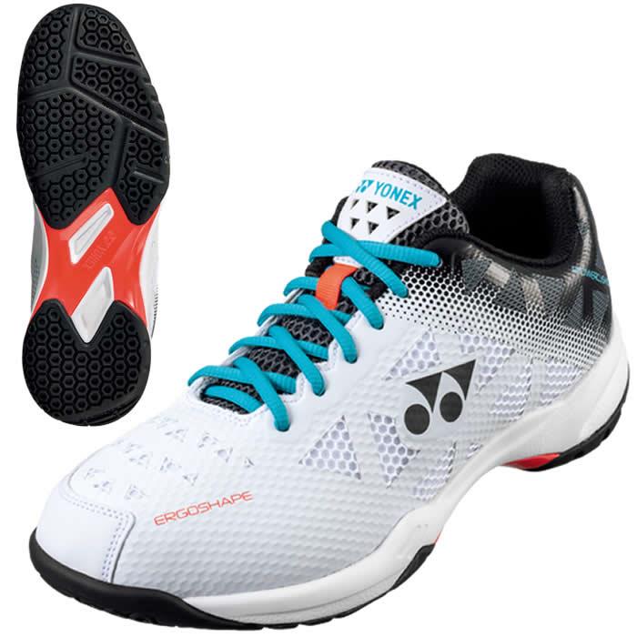 Yonex Power Cushion 50 Badminton Shoes in white and mint feature Yonex's renowned Power Cushion technology, along with blue laces and black and gray accents. A hint of red detail highlights the edge of the sole, exemplifying lightweight performance with a hexagonal pattern in the close-up and "ERGO SHAPE" text on the side.