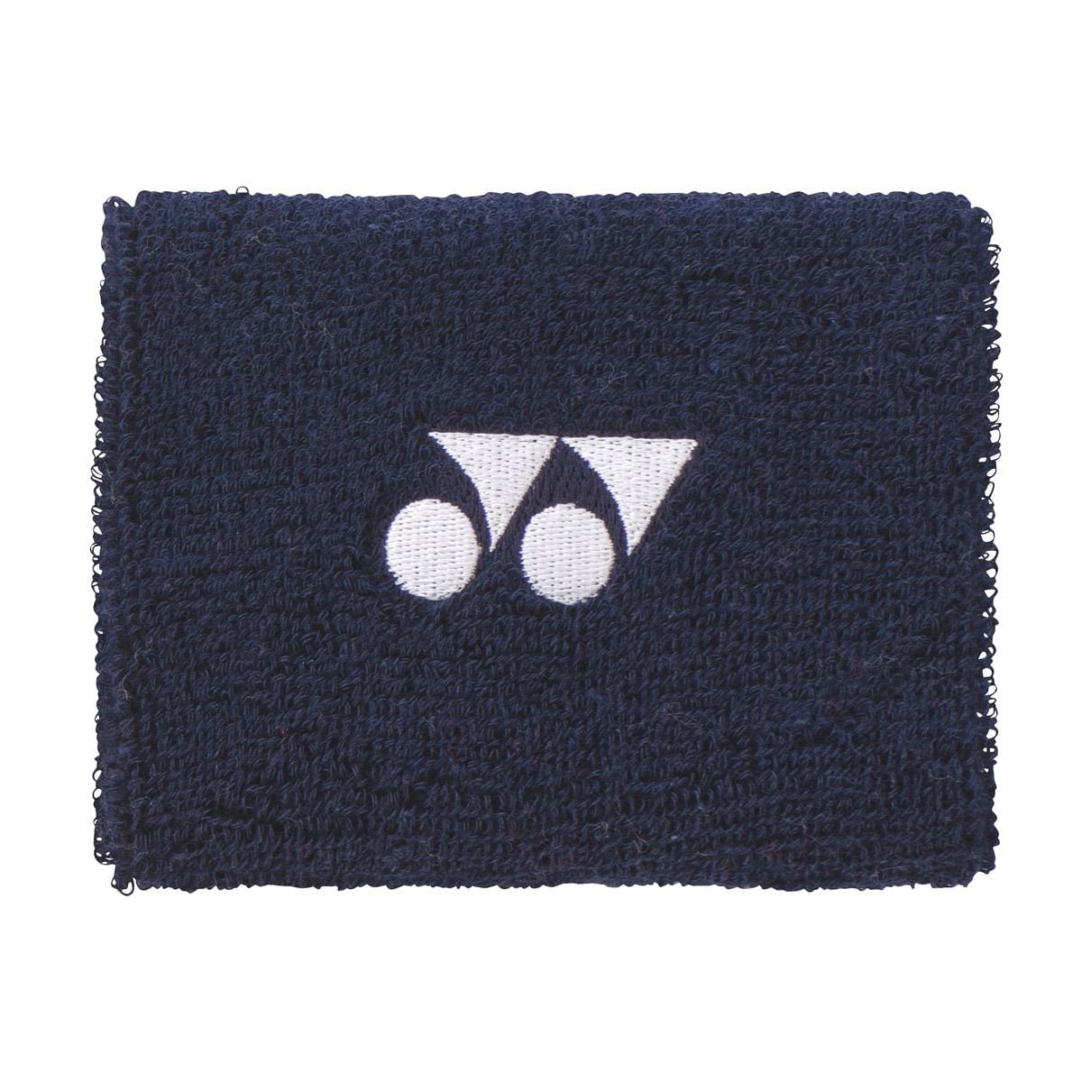 The Yonex AC492 Wristband in navy blue, featuring a white logo with two circles and an inverted triangle, is made from textured fabric ideal for on-court use.