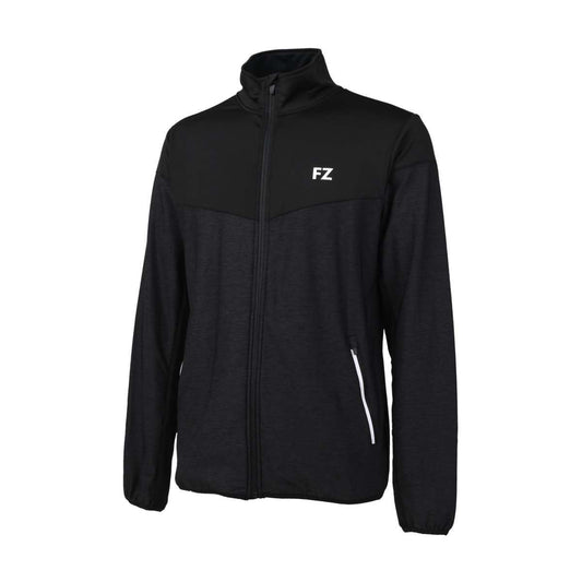 Introducing the FZ Forza Bradford Black Badminton Jacket, a stylish zip-up with a high collar and the eye-catching FZ logo on the chest. This jacket is designed with white accents along the pockets, delivering a simple yet sporty look that ensures warmth.