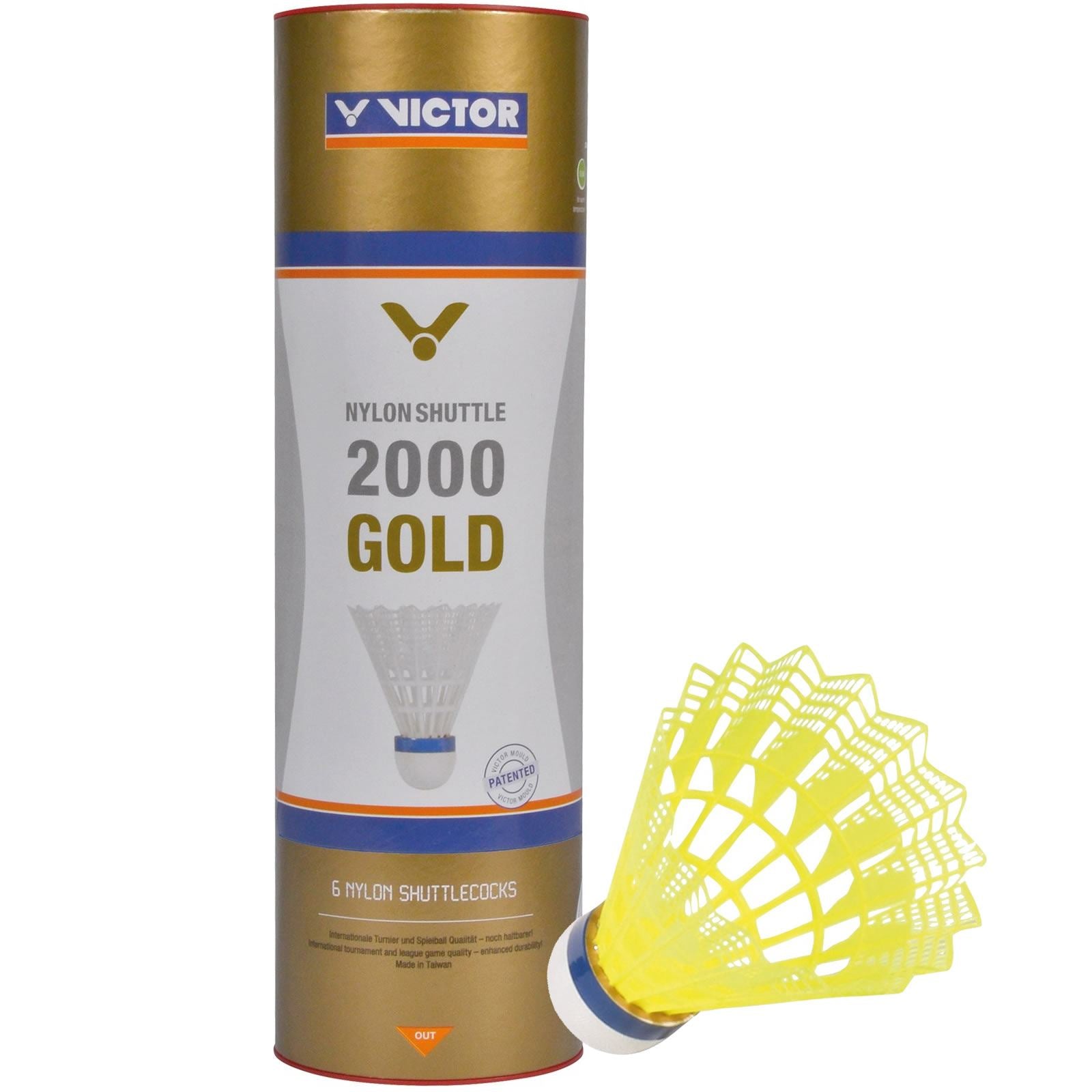 A tube of VICTOR 2000 Nylon Yellow Badminton Shuttlecocks contains six shuttlecocks, known for their excellent durability and featuring Portuguese cork. The packaging is attractively highlighted with blue and orange accents.