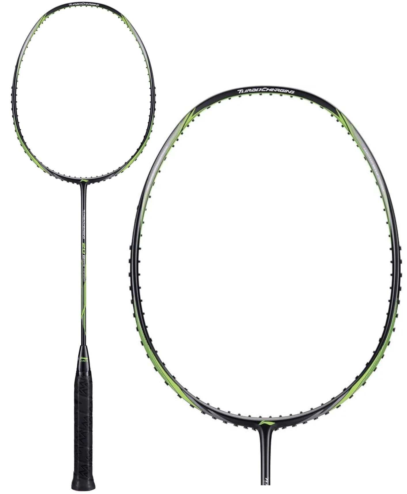 Displayed is the Li-Ning Turbo Charging 20 Drive Badminton Racket in a black and green color scheme. The racket features a Dynamic-Optimum Frame that stands out against a white background, highlighting its sleek design. The tightly interwoven strings within the oval-shaped head optimize performance.