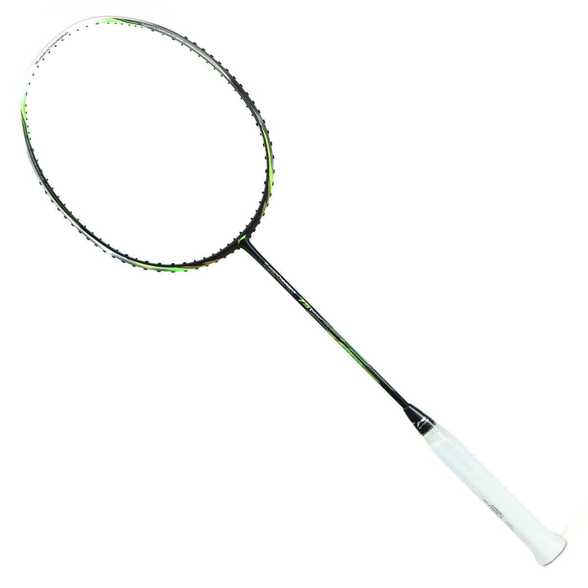 The Li-Ning Turbo Charging 75 Instinct 5U Badminton Racket, featuring a sleek black frame and white grip, is tailored for intermediate to advanced players. Photographed against a crisp white background, it is perfectly designed for fast doubles play with its dynamic structure that enhances agility and precision.