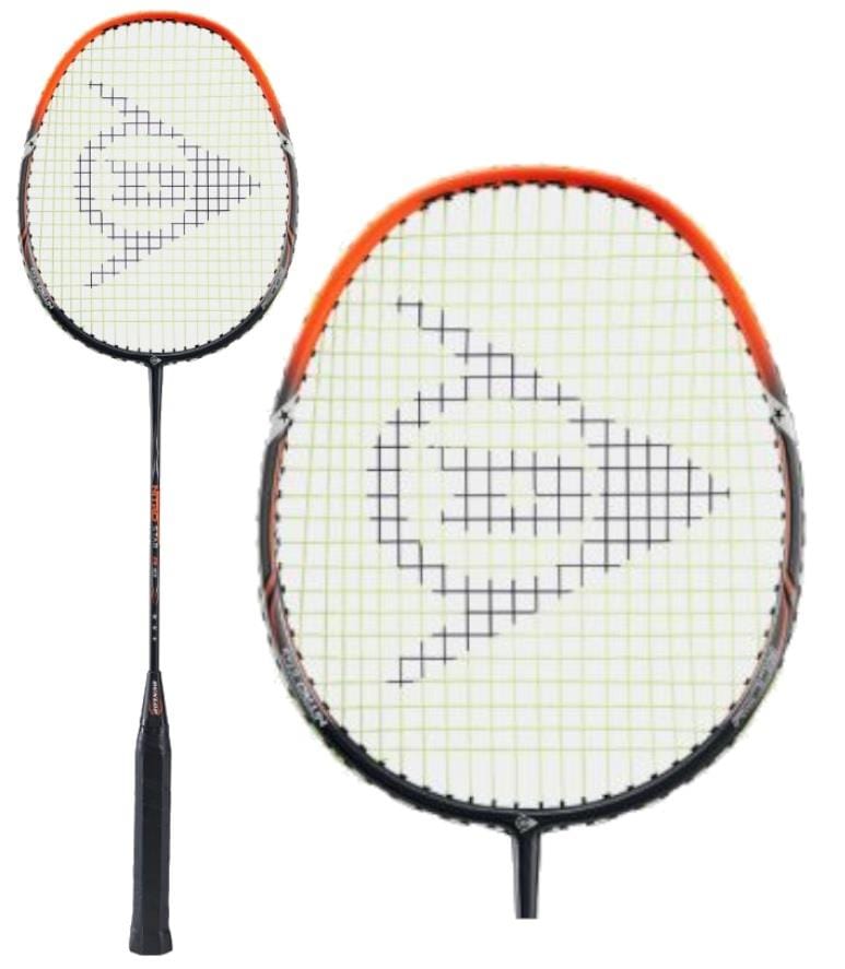 The image highlights the Dunlop Nitro Star Ai 10 Badminton Racket in Black and Orange, perfect for beginners. It features a black handle paired with a white stringed head that displays a logo design accented with orange. The racket boasts a durable aluminium and steel frame.