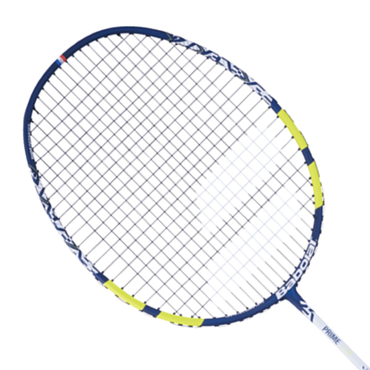 The Babolat Prime Lite Badminton Racket - Yellow is strikingly displayed in a close-up image, showcasing its black and blue frame with vibrant yellow accents and a white handle. Its 20x21 stringing pattern ensures enhanced precision with tightly woven strings. The racket is creatively positioned diagonally against a plain white background.