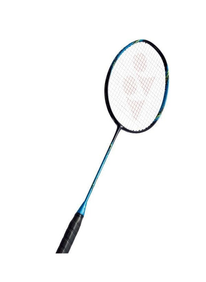 The Yonex Nanoflare 700 4U Badminton Racket, ideal for advanced players, is a cyan racquet with a distinctive black grip handle and a white string net. Positioned against a simple white background, it showcases its speed attack design.