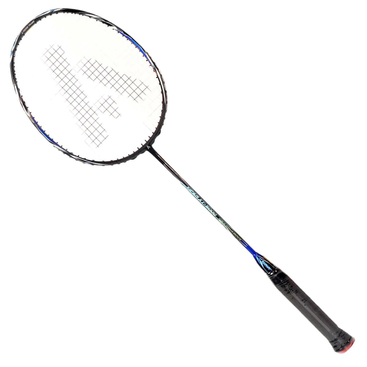 Presenting the Ashaway Viper XT-5000 Badminton Racket - Black, a top-tier racket with an extreme tension frame and a black handle. This model features a slim shaft and an oval head with crisscrossed strings, designed for maximum efficiency. The mainly black frame is complemented by blue accents and constructed from ultra hi-modulus graphite to ensure superior performance.