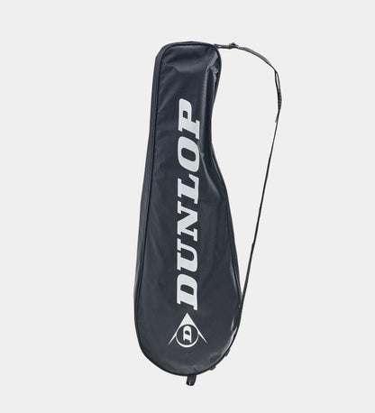 A black Dunlop Nitro Star 2 Player Badminton set bag featuring a shoulder strap and white logo, set against a light gray background. Ideal for beginner badminton players aiming to elevate their game.