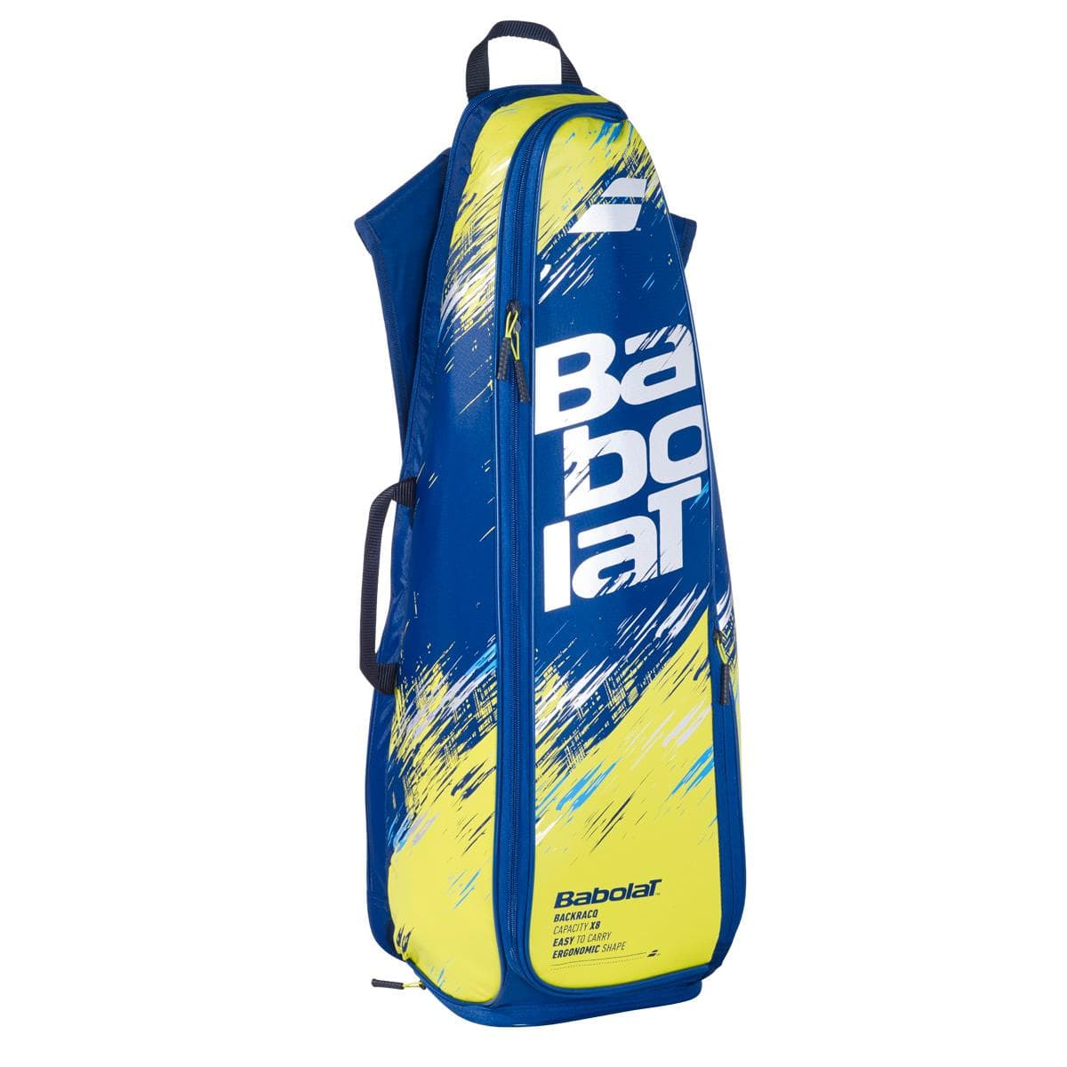 The Babolat Backracq Badminton Bag in blue and yellow features a sporty brushstroke pattern and offers convenience with its zippered compartment for storing rackets and an additional shoe compartment. It comes with a large shoulder strap and showcases the Babolat brand logo in white.