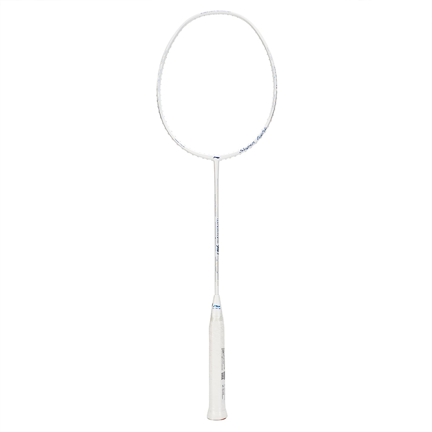 The Li-Ning Windstorm 79S Badminton Racket - White is a lightweight racket boasting a slim handle and an oval-shaped head, combined with a head-heavy balance. Its sophisticated white design distinctively stands out against the plain backdrop.