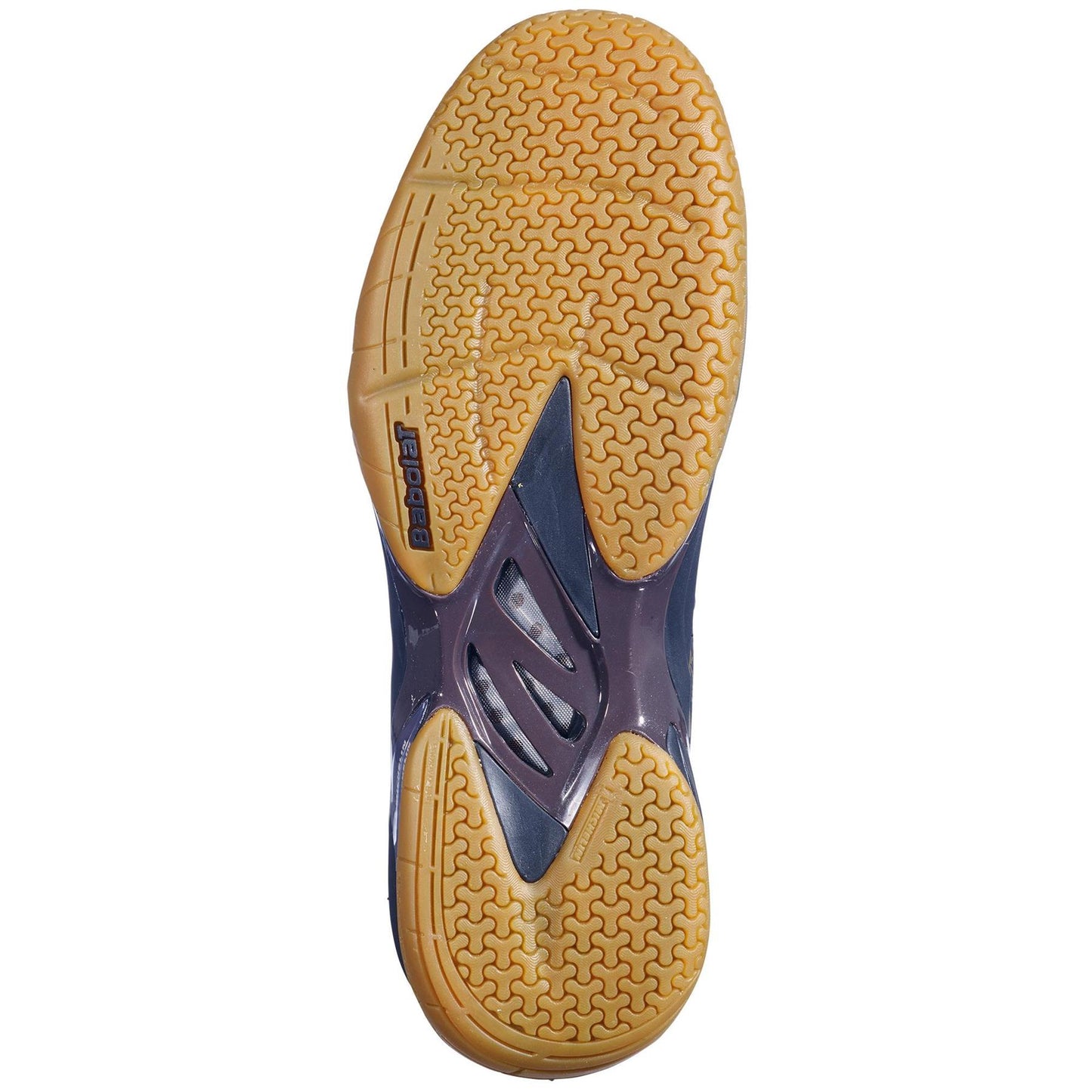 The image showcases the sole of a badminton shoe, featuring a honeycomb tread pattern in light brown. The central area is dark with a structural design, highlighted by the brand name "Babolat" on one side. The sole incorporates Michelin rubber for enhanced traction and durability.