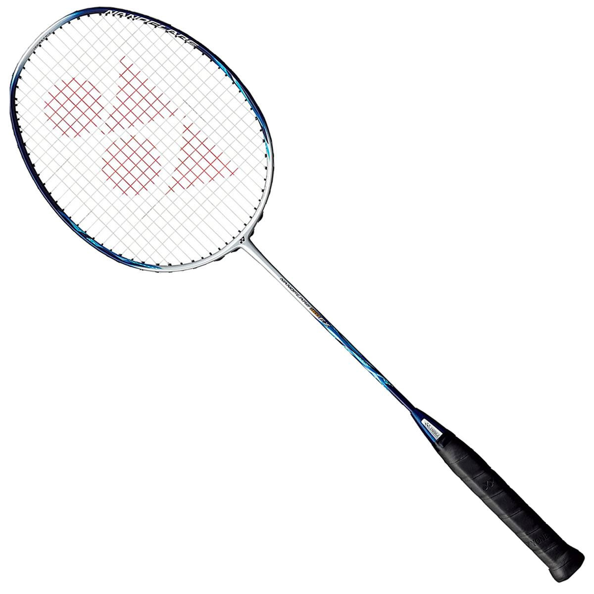 The Yonex Nanoflare 160 Badminton Racket - Silver/Blue showcases a sleek frame in silver and blue, complemented by a black grip and red logo on the strings. It has a head light balance designed for quick maneuverability on the court.