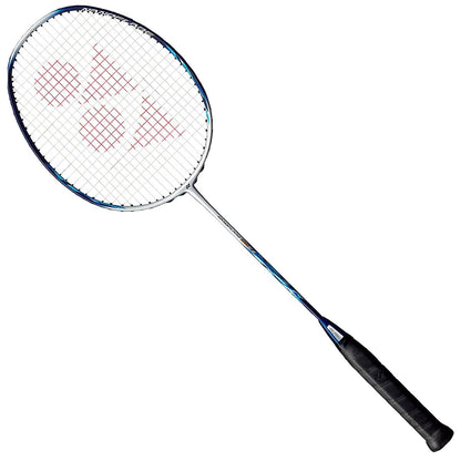 The Yonex Nanoflare 160 Badminton Racket - Silver/Blue showcases a sleek frame in silver and blue, complemented by a black grip and red logo on the strings. It has a head light balance designed for quick maneuverability on the court.