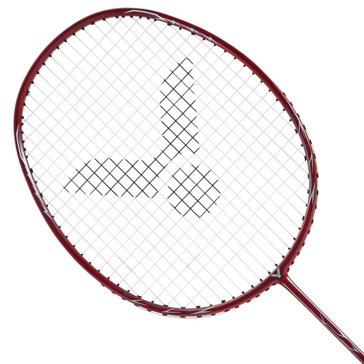 The image showcases a close-up of the Victor Auraspeed 3000S Badminton Racket in red, featuring a sleek, curved frame with white string pattern and a distinctive black logo. Set against a plain white background, the isometric racket head is perfectly highlighted, making it ideal for intermediate-level players.