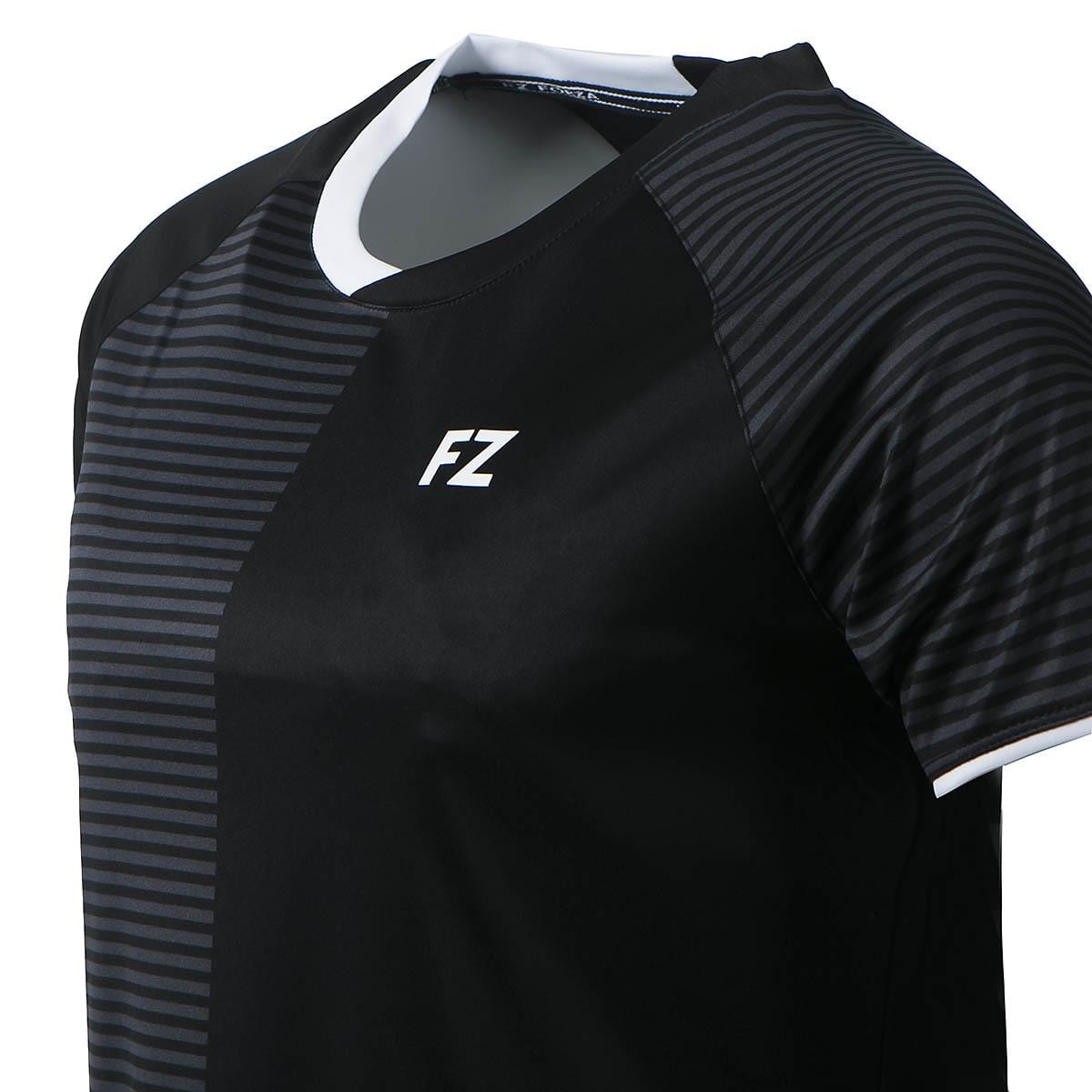 Introducing the FZ Forza Sazine Women's Badminton T-Shirt in black, featuring dark gray stripes on one shoulder and the iconic white "FZ" logo on the chest. Designed with Dryforze technology for quick drying, its collar and sleeve edges are accented with crisp white for a sleek finish.