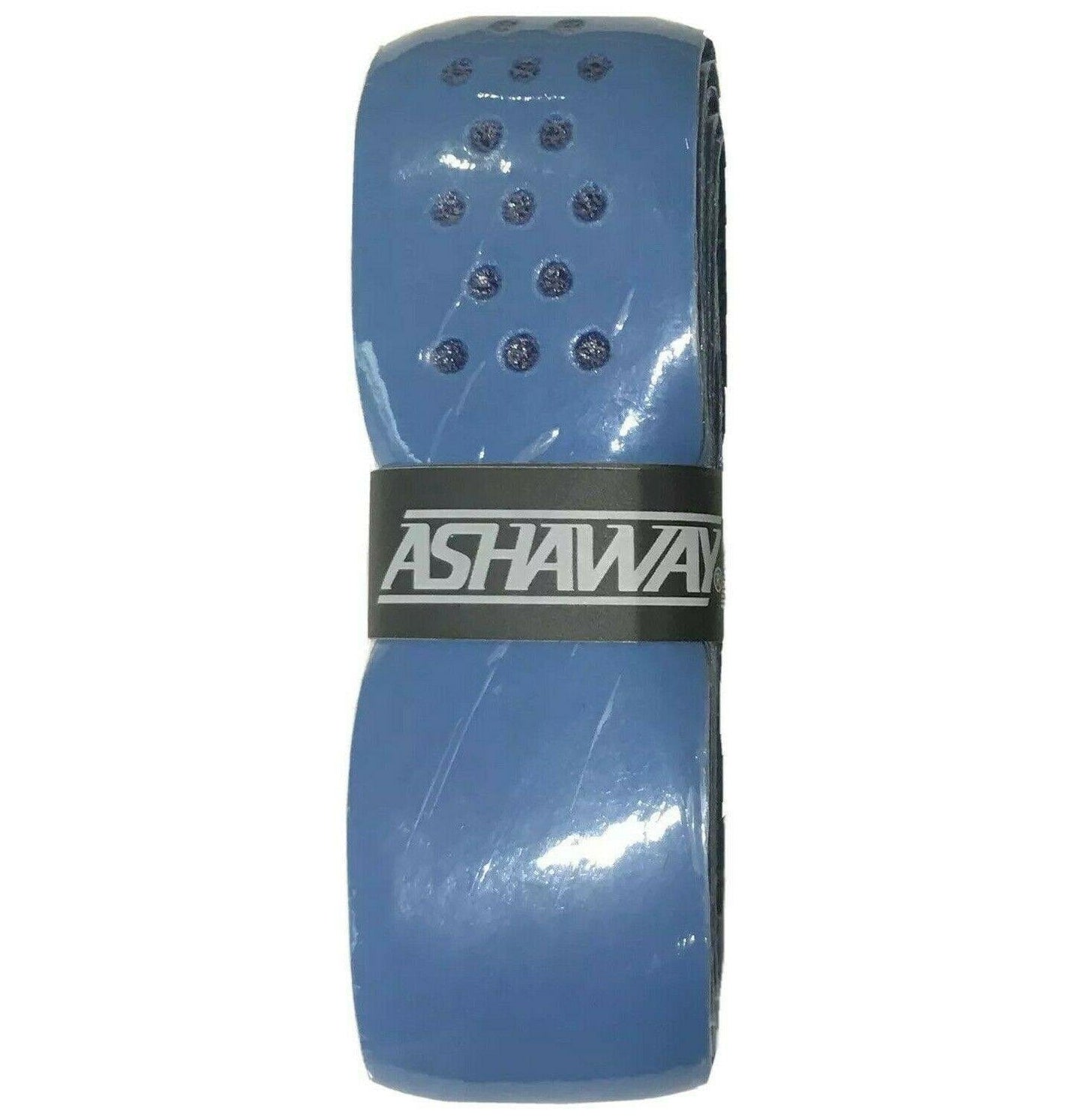 The Ashaway Soft Grip Badmintion Grip (single) in blue, a product by Ashaway, is a light blue replacement grip designed for badminton, featuring breathability through its perforated design and comes with a distinctive black band around the middle.