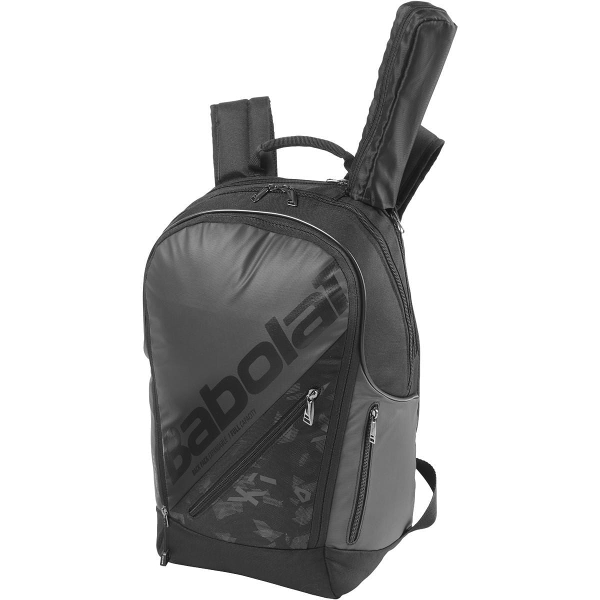 The Babolat Backpack Expandable Team Line - Black is a stylish black racket bag from Babolat, featuring padded shoulder straps and an adjustable compartment. This sleek backpack includes a designated pocket at the back for securely holding your tennis racket.