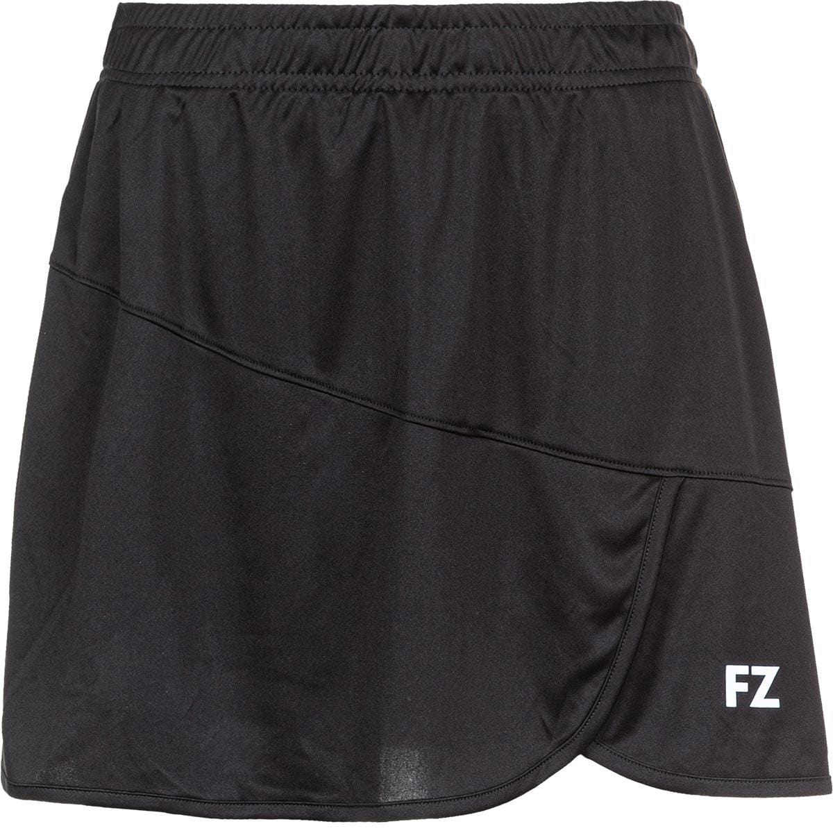 The FZ Forza Liddi 2 in 1 Women's Badminton Skirt in black exemplifies Danish design with a subtle diagonal seam and the brand initials "FZ" in white on the lower right side. It features an elastic waistband for a comfortable fit and offers a quick-drying function, making it ideal for badminton enthusiasts.