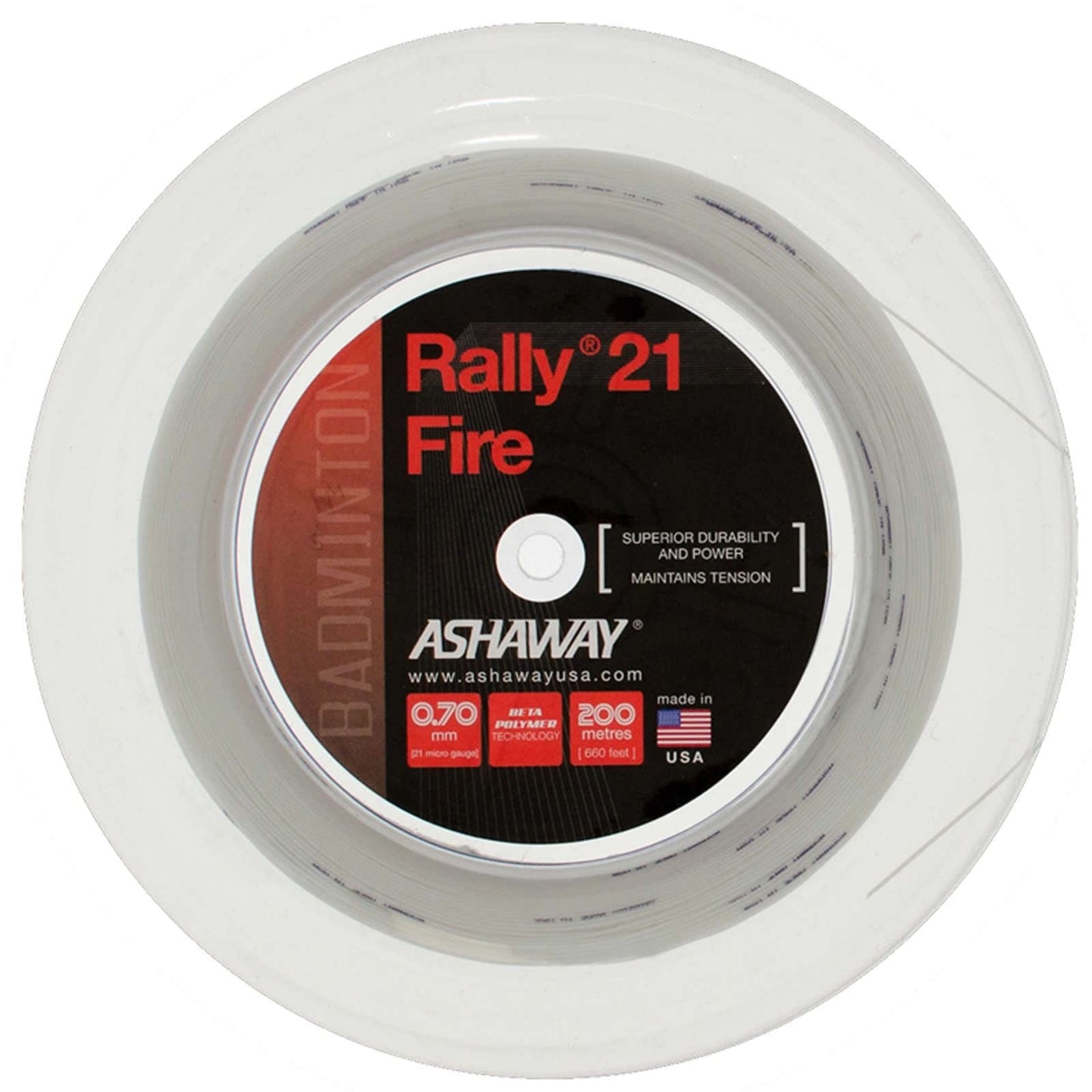 Here's a close-up of the Ashaway Rally 21 Fire Badminton String White reel, designed with BETA polymer to enhance play. This string, with a thickness of 0.70 mm and a length of 200 meters, is described as offering "superior durability and power" while effectively "maintaining tension," making it ideal for all-round players. It is proudly Made in the USA by Ashaway.