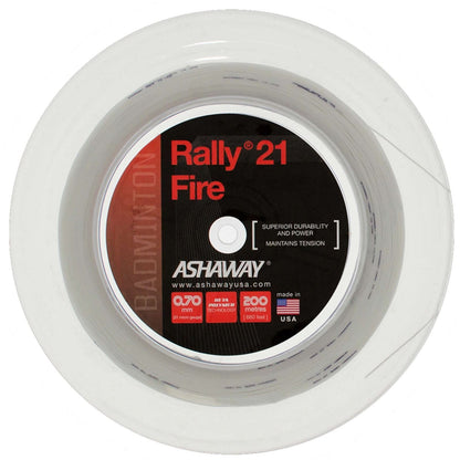 Here's a close-up of the Ashaway Rally 21 Fire Badminton String White reel, designed with BETA polymer to enhance play. This string, with a thickness of 0.70 mm and a length of 200 meters, is described as offering "superior durability and power" while effectively "maintaining tension," making it ideal for all-round players. It is proudly Made in the USA by Ashaway.