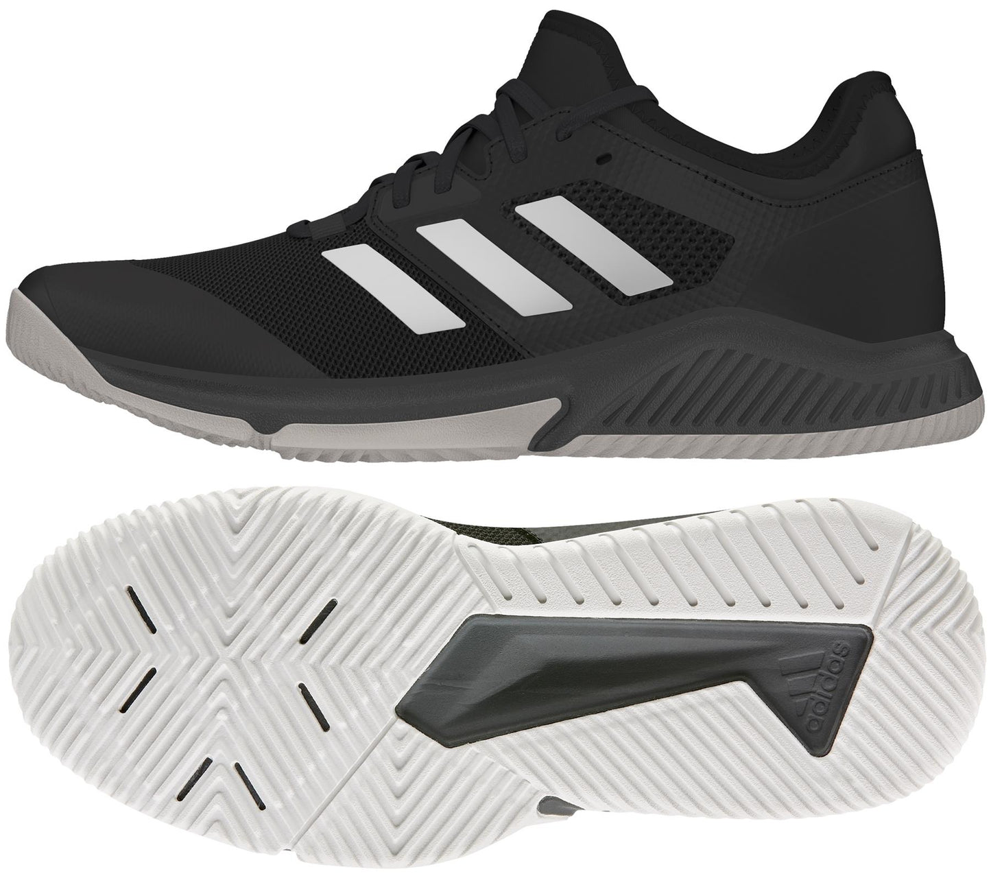 The Adidas Court Team Bounce Men's Badminton Shoes in black feature white side stripes and are designed with a textured sole for optimal grip. These shoes, crafted from Primegreen recycled materials, offer a streamlined look that enhances their sporty aesthetic.