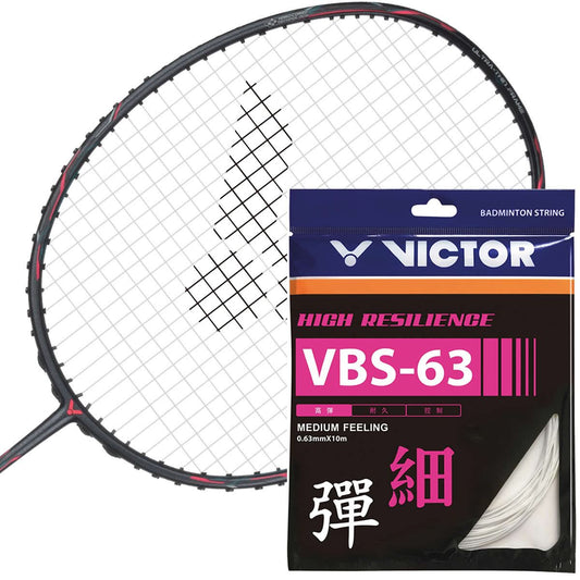 A Victor badminton racket paired with a set of Victor VBS 63 10m badminton strings, featuring high-strength multifilament construction. The packaging showcases a blue and pink design with English and Chinese text, emphasizing "medium feeling," high control, and the string's dimensions of 0.63mm in thickness over 10 meters.