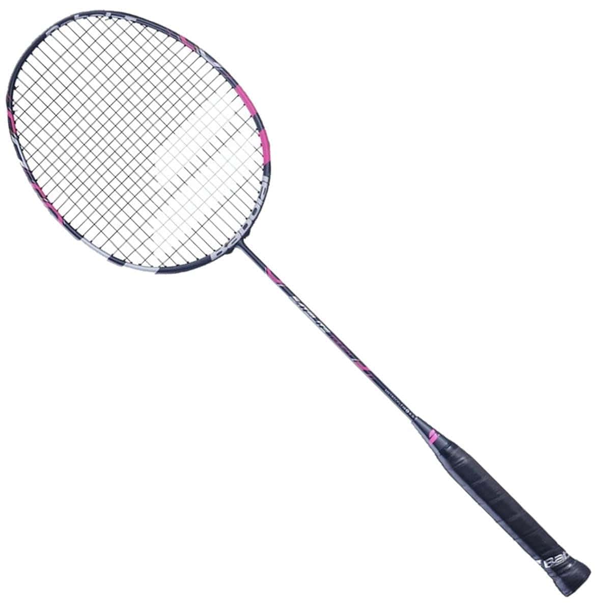 The Babolat Satelite Touch Badminton Racket - Pink, crafted by Babolat, features an ultra-light design with a sleek black and pink color scheme. It incorporates METRICFLEX technology for superior performance and has an oval-shaped frame with strings. The handle is wrapped in black grip tape, and the racket is displayed diagonally against a white background, making it ideal for offensive players.