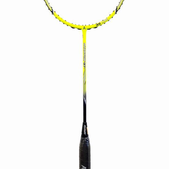 The Ashaway Quantum Q7 Badminton Racket, showcased in a vibrant yellow shade with sleek black accents, boasts an Ultra Power Carbon Graphite Frame and a tight string pattern. Its handle features a black grip adorned with brand markings, all perfectly displayed upright against a white background.