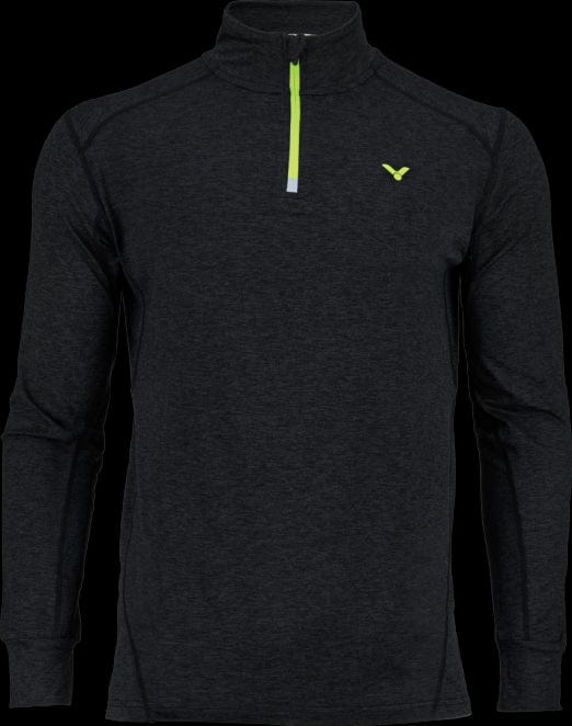 The Victor Badminton Longsleeve Black melánge5929 Top by Victor is crafted from lightweight fabric and features a quarter-zip front with a neon green zipper, along with a small wing-like logo on the chest.