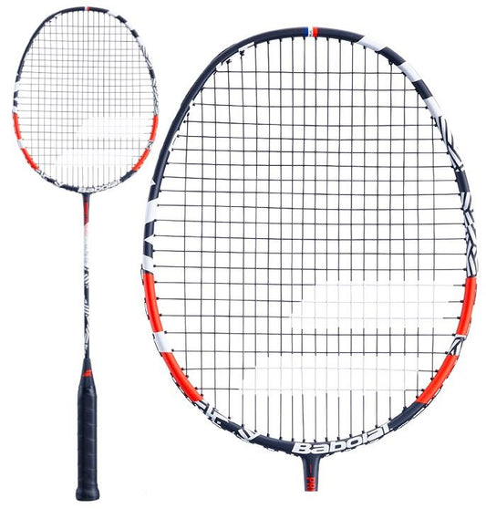 Close-up of a Babolat Prime Blast LTD badminton racket, featuring a sleek white and black design with hints of red. The tightly strung string bed ensures precision, and the handle is equipped with a black grip for comfort. The "Babolat" logo is prominently displayed near the handle, emphasizing its performance-oriented design.